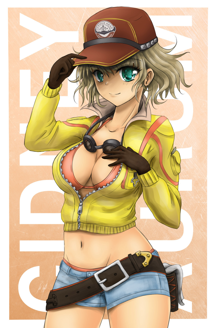 1girl baseball_cap belt bikini blonde_hair bra breasts cidney_aurum cropped_jacket denim denim_shorts final_fantasy final_fantasy_xv gloves goggles goggles_around_neck green_eyes hat hips hotpants jacket kiteh4ck short_hair shorts simple_background smile solo swimsuit underwear unzipped