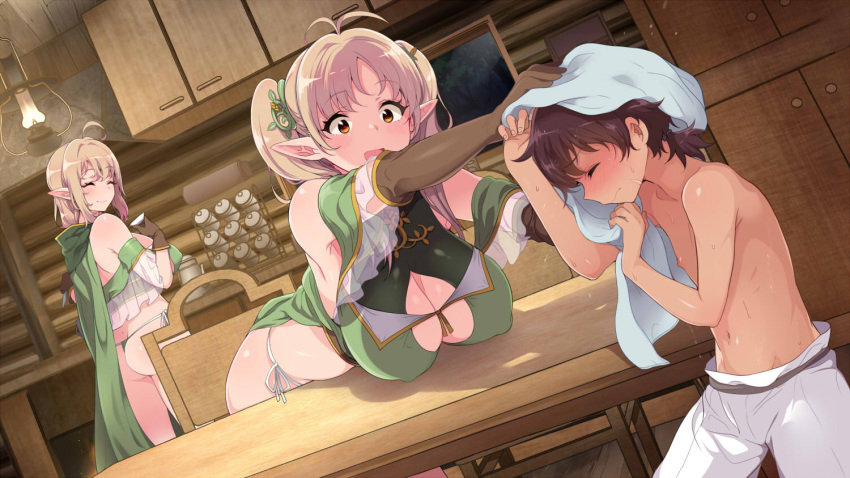 1boy 2girls :d ahoge antenna_hair bare_shoulders bent_over bikini blonde_hair blush breasts brown_eyes brown_gloves brown_hair cape chair cleavage cleavage_cutout closed_eyes dutch_angle elbow_gloves elf erect_nipples front-tie_top gloves green_bikini hair_ornament hanging_breasts hood inari_(kimitama0902yahoocojp) indoors jpeg_artifacts kitchen lamp large_breasts long_hair multiple_girls nipples open_mouth pants pointy_ears short_hair side-tie_bikini sidelocks smile swimsuit table teapot topless towel twintails wet wiping