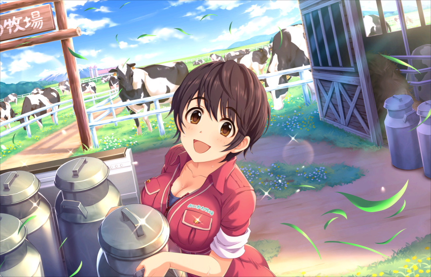 1girl :d artist_request bangs black_hair blush breasts brown_eyes brown_hair cleavage clouds collarbone cow day dirt eyebrows eyebrows_visible_through_hair farm fence glint horizon idolmaster idolmaster_cinderella_girls idolmaster_cinderella_girls_starlight_stage jumpsuit large_breasts lens_flare looking_at_viewer official_art oikawa_shizuku open_mouth outdoors ranch short_hair sign sky sleeves_rolled_up smile solo sunlight sweat wind