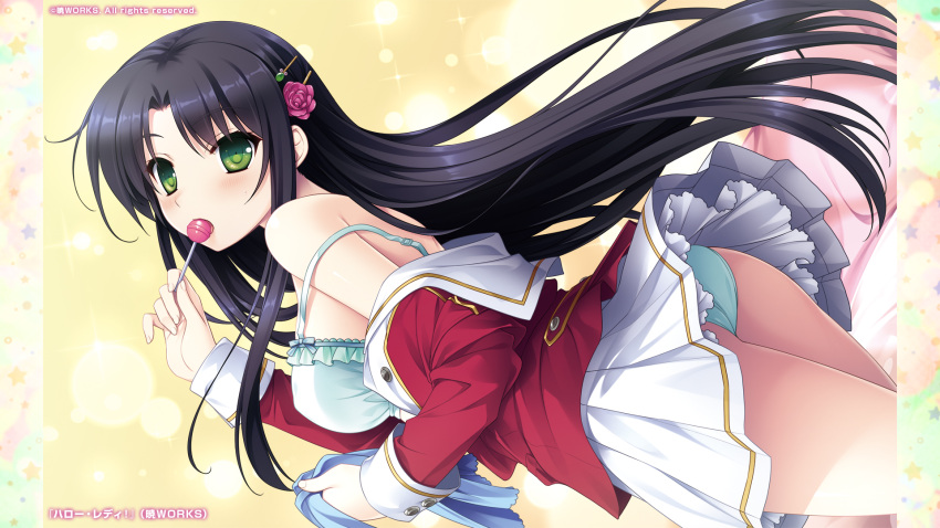 1girl akatsuki-works black_hair blush bra candy female food green_eyes hello_lady! lollipop long_hair otonashi_saku panties saeki_hokuto skirt solo underwear undressing watermark