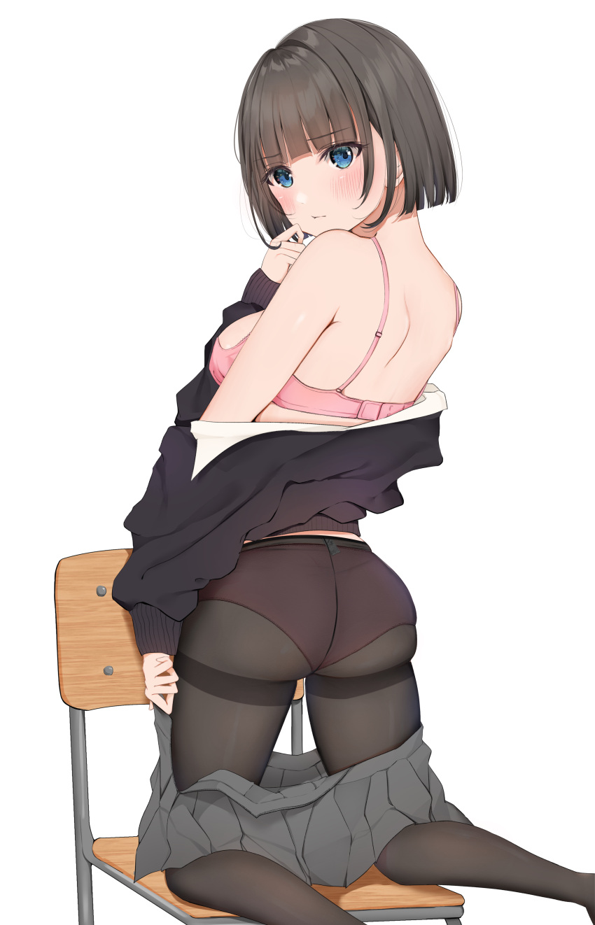 1girl absurdres bangs black_hair black_legwear black_skirt black_sweater blue_eyes blush bob_cut bra breasts closed_mouth commentary_request eyebrows_visible_through_hair from_behind hand_to_own_mouth highres kneeling long_sleeves looking_at_viewer looking_back medium_breasts off_shoulder on_chair original panties panties_under_pantyhose pantyhose pink_bra pink_panties pleated_skirt school_uniform see-through short_hair simple_background skirt skirt_pull solo sweater thighband_pantyhose uiri-na underwear white_background