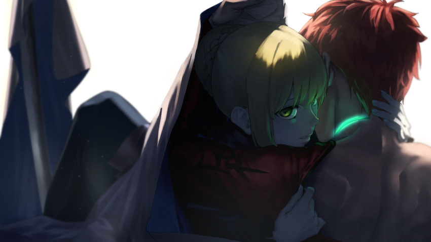 1boy 1girl amino_(tn7135) armor back bangs blonde_hair cape covering emiya_shirou fate/grand_order fate_(series) glowing glowing_eyes green_eyes hand_on_another's_back hand_on_another's_head hand_on_another's_neck hug igote japanese_armor leaning_forward leaning_on_person light_particles limited/zero_over looking_at_viewer pants parted_lips redhead saber saber_alter shade shirtless shoulder_blades sidelocks sitting sword weapon