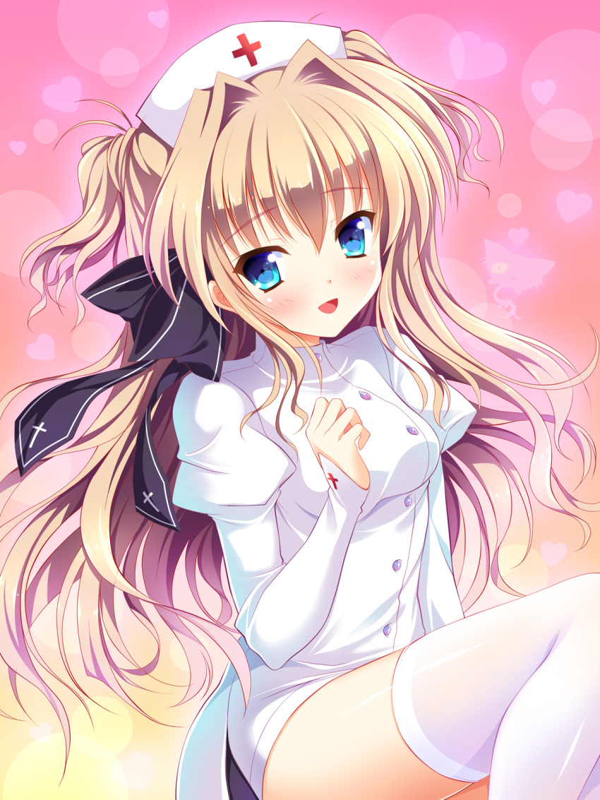 1girl :d bangs black_ribbon blonde_hair blue_eyes blush breasts buttons cross_print eyebrows eyebrows_visible_through_hair gradient gradient_background hair_between_eyes hair_intakes hair_ribbon hat heart highres juliet_sleeves lens_flare long_hair long_sleeves looking_at_viewer mashiroiro_symphony nurse nurse_cap open_mouth pink_background puffy_sleeves ribbon sena_airi sitting smile solo thigh-highs two-tone_background two_side_up white_legwear yagami-all_hail_nanao