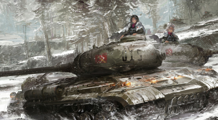 2girls black_hair blue_eyes clara_(girls_und_panzer) forest girls_und_panzer grey_hair ground_vehicle hat long_hair looking_at_viewer military military_vehicle motor_vehicle multiple_girls nature nonna russian_flag snow stu_dts tank uniform