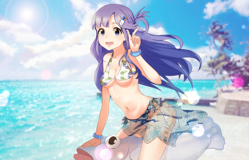 1girl :d artist_request asari_nanami bangle beach bikini blue_eyes blue_hair blurry bracelet breasts cleavage depth_of_field fish_hair_ornament hair_ornament highres idolmaster idolmaster_cinderella_girls index_finger_raised jewelry long_hair medium_breasts navel open_mouth smile solo swimsuit