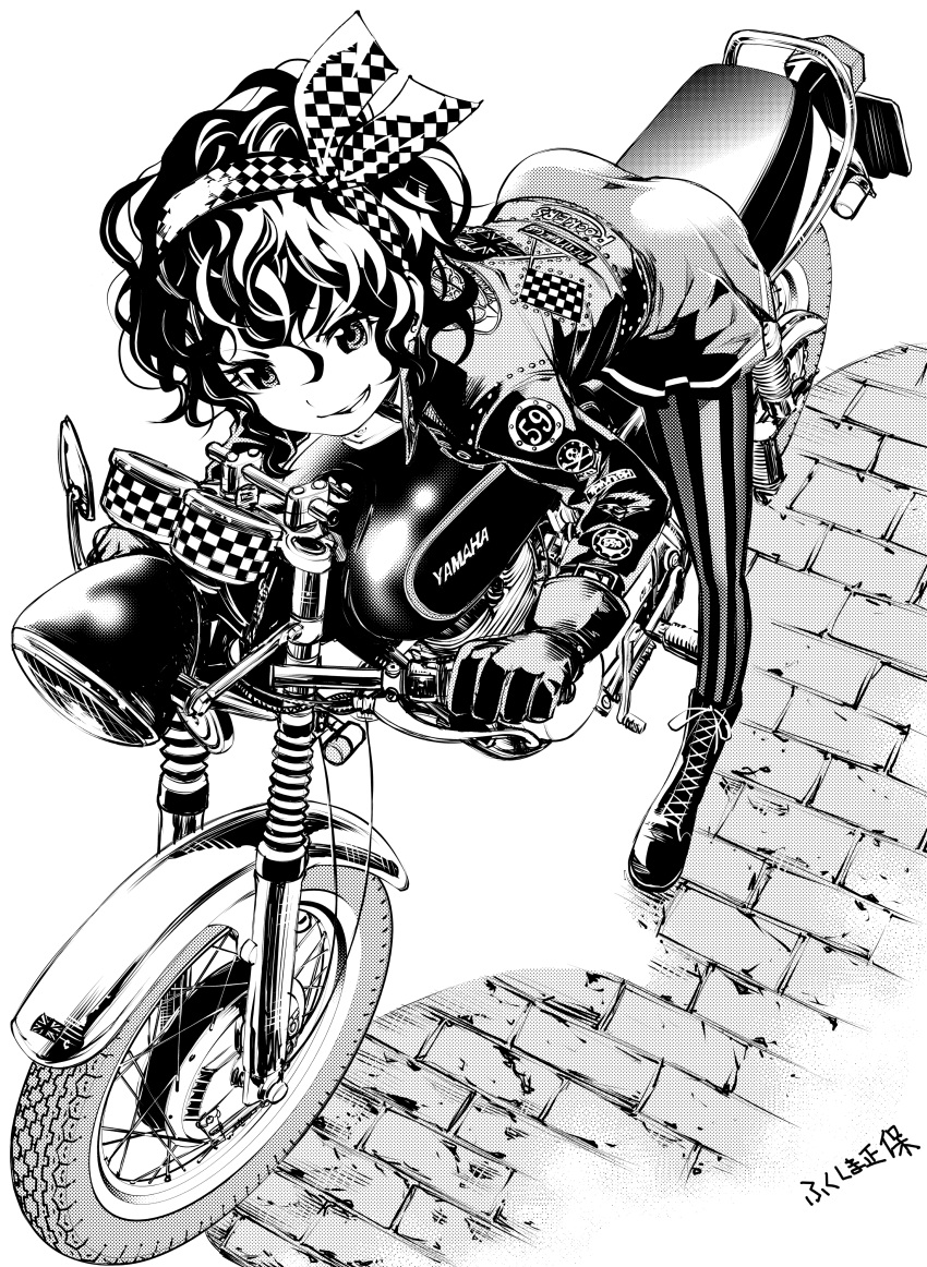 1girl absurdres amano_onsa ass bakuon!! bangs bent_over black_hair boots checkered cross-laced_footwear curly_hair fukushima_masayasu full_body gloves greyscale ground_vehicle hair_between_eyes hair_ornament hairband highres jacket lace-up_boots long_sleeves masayasuf monochrome motor_vehicle motorcycle pantyhose pavement popped_collar product_placement riding short_hair smile solo sticker striped striped_legwear vertical-striped_legwear vertical_stripes yamaha