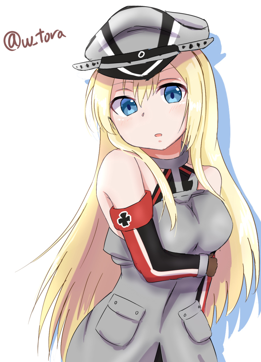 1girl bare_shoulders bismarck_(kantai_collection) blonde_hair blue_eyes breasts haku_tora hat highres kantai_collection long_hair looking_at_viewer military military_hat military_uniform simple_background twitter_username uniform white_background