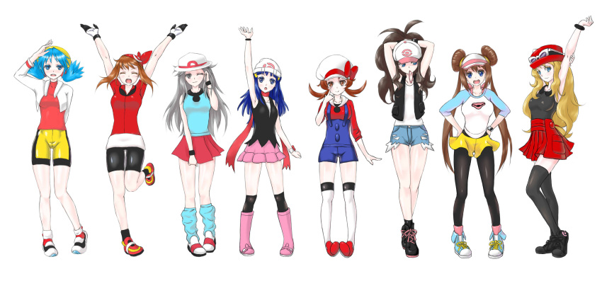 00s 10s 6+girls 90s adjusting_hair akanbe aqua_eyes aqua_legwear arm_behind_back arm_behind_head arm_holding arm_up armpits arms_behind_head arms_up artist_request bandanna baseball_cap beanie bike_shorts black_hair black_legwear blonde_hair blue_(pokemon) blue_eyes blue_hair blush boots bracelet breast_envy breasts brown_eyes brown_hair cabbie_hat closed_eyes cropped_jacket crystal_(pokemon) double_bun female full_body gloves goggles goggles_on_hat grey_eyes hair_ornament hair_tucking hands_on_hips haruka_(pokemon) hat hikari_(pokemon) jacket jewelry kotone_(pokemon) leg_up lineup long_hair long_sleeves looking_at_another looking_at_viewer looking_to_the_side mei_(pokemon) mouth_hold multiple_girls nintendo one_eye_closed open_mouth overalls pantyhose pokemon pokemon_(game) pokemon_bw pokemon_bw2 pokemon_dppt pokemon_frlg pokemon_gsc pokemon_hgss pokemon_rse pokemon_xy poketch ponytail rubber_band scarf serena_(pokemon) shirt shoes short_sleeves shorts silver_hair simple_background skirt sleeveless sleeveless_shirt smile sneakers socks standing standing_on_one_leg tank_top thigh-highs touko_(pokemon) twintails tying_hair vest visor_cap watch watch white_background white_legwear wink wristband