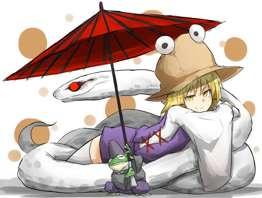 1girl blonde_hair frog hair_ribbon hat highres kan_(aaaaari35) lying miniskirt mishaguji moriya_suwako on_stomach oriental_umbrella pyonta ribbon skirt snake thigh-highs touhou umbrella white_background white_legwear white_snake wide_sleeves yellow_eyes zettai_ryouiki