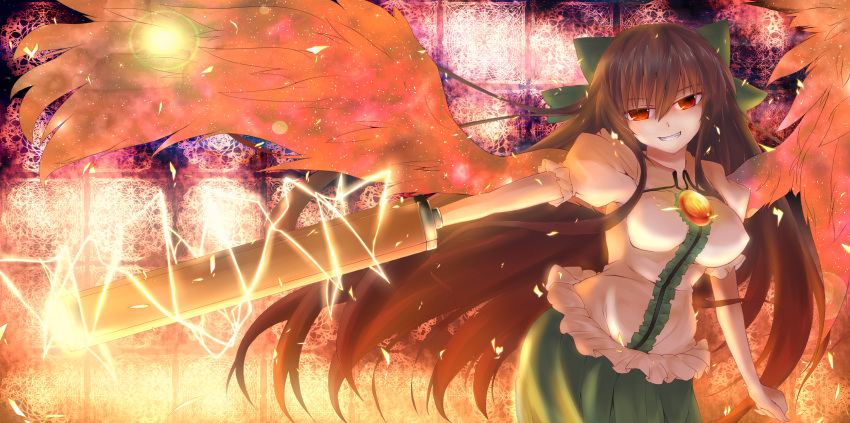 arm_cannon benauxi bow brown_eyes fire hair_bow hazuki_ruu highres long_hair red_eyes reiuji_utsuho solo third_eye touhou weapon window wings