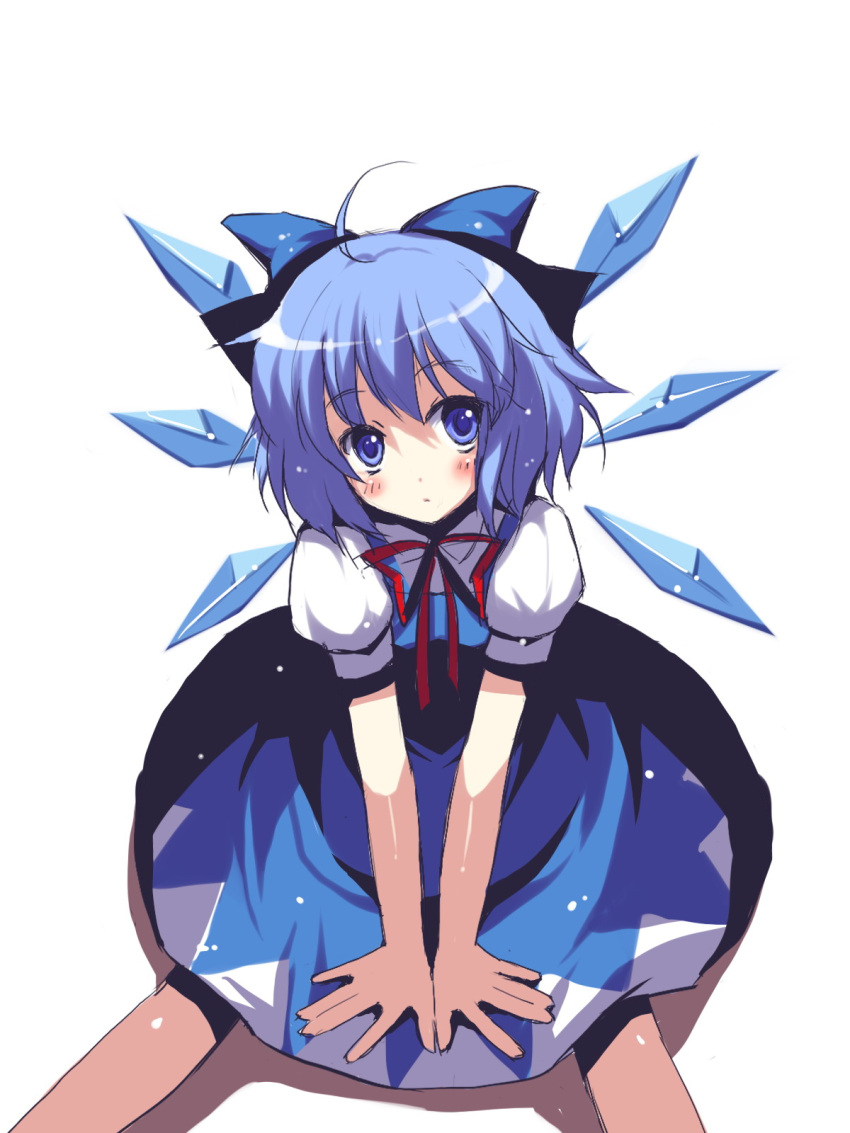 arm_support blue_eyes blue_hair blush cirno from_above hands highres looking_up outstretched_hand ribbon rie_(artist) rie_(reverie) short_hair simple_background sitting sketch stare touhou v_arms wings