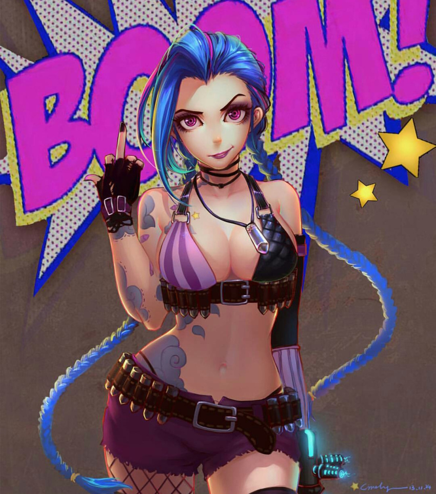 1girl alternate_breast_size belt blue_hair braid breasts bullets cleavage jewelry jinx_(league_of_legends) league_of_legends lipstick long_hair makeup middle_finger necklace pink_eyes pink_lipstick shorts tattoo twin_braids