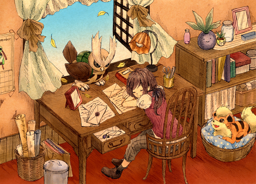 1girl book brown_hair calendar chair closed_eyes desk growlithe jar lamp leaves letter matsuri_(matsuike) noctowl oddish open_window paper pokemon window