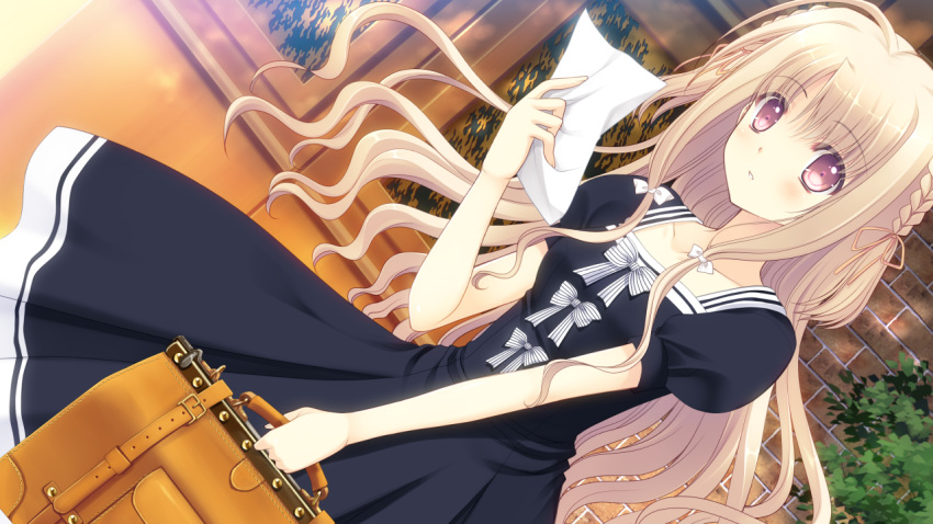 1girl bag blonde_hair blush braid breasts dress dutch_angle eyebrows eyebrows_visible_through_hair floating_hair game_cg highres holding long_hair looking_at_viewer meryl_lynch nishimata_aoi otome_riron_to_sonogo_no_shuuhen:_belle_&eacute;poque outdoors paper parted_lips red_eyes short_sleeves small_breasts solo standing suzuhira_hiro wavy_hair wind