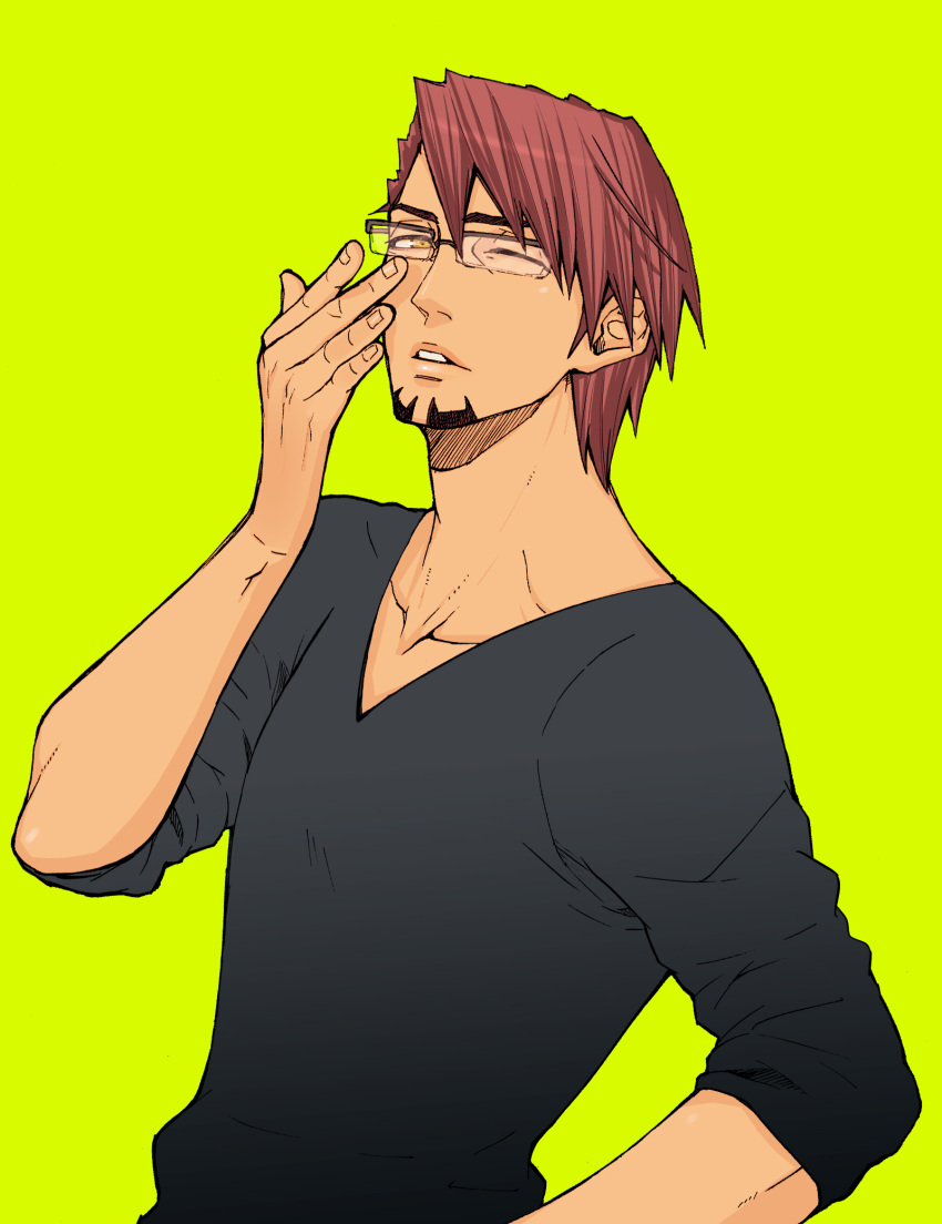 1boy bigdeal brown_hair facial_hair glasses male_focus solo tagme teeth tiger_&amp;_bunny wince wink yellow_eyes