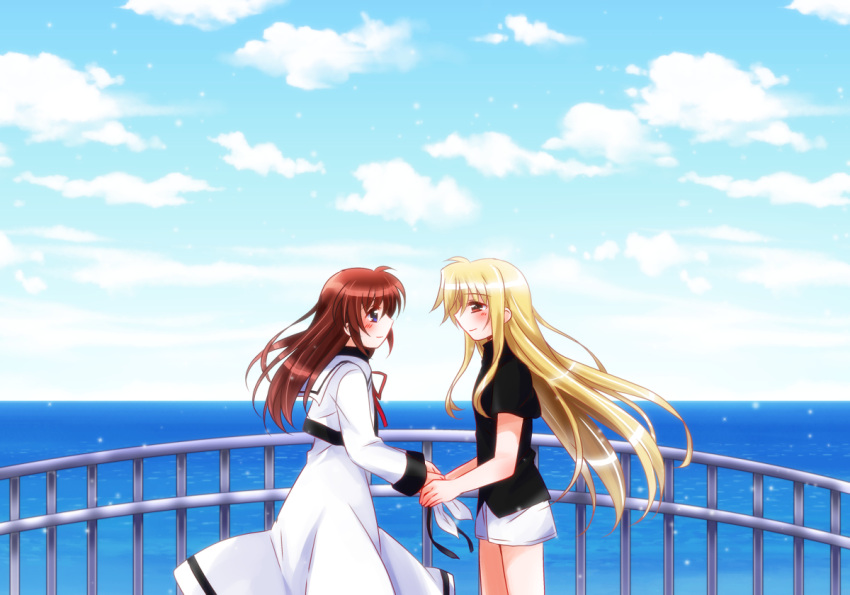 00s 2girls blonde_hair blue_eyes blush brown_hair clouds couple fate_testarossa hand_holding long_hair looking_at_another lyrical_nanoha mahou_shoujo_lyrical_nanoha multiple_girls nanashiki red_eyes ribbons sea sky smile takamachi_nanoha water