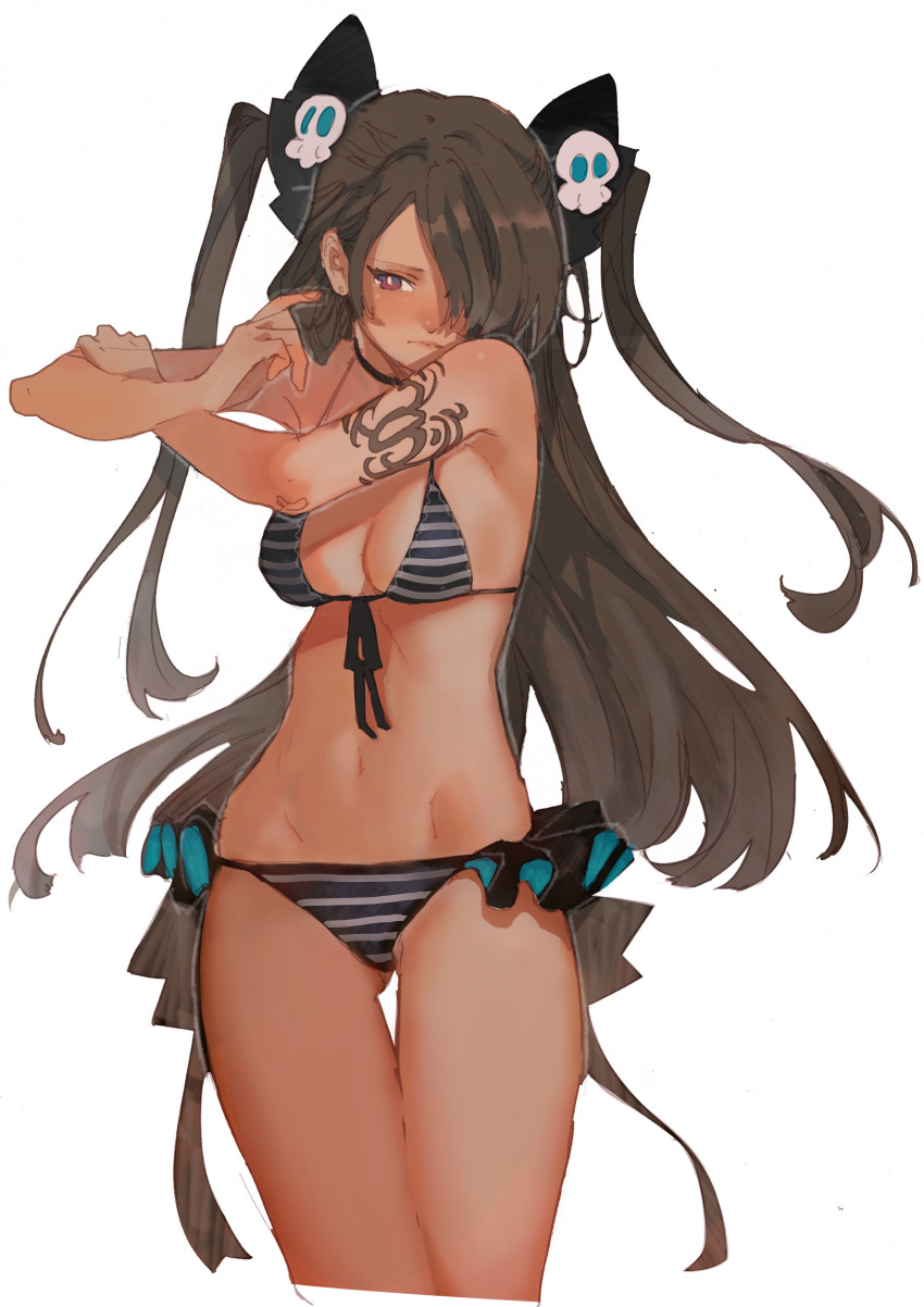 1girl absurdres aruterra bikini bow breasts brown_hair character_request cleavage cropped_legs earrings front-tie_bikini front-tie_top gluteal_fold hair_bow hair_ornament hair_over_one_eye highres jewelry long_hair medium_breasts navel simple_background skull_hair_ornament solo striped striped_bikini swimsuit tattoo thigh_gap two_side_up violet_eyes white_background white_pupils