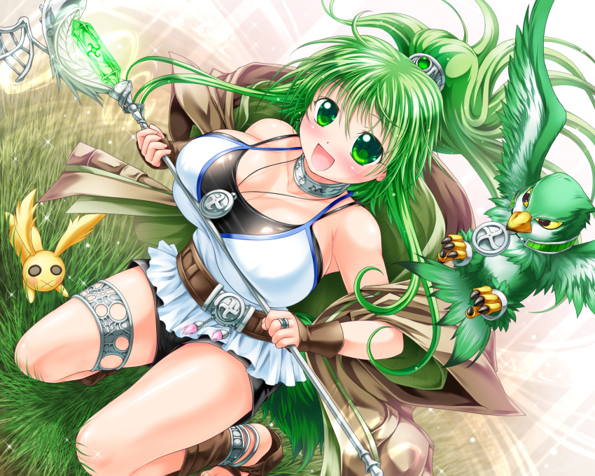 1girl bare_shoulders bird breasts choker duel_monster female from_above garter grass green_eyes green_hair hair_ornament highres jewelry kneeling kogarashi_(wind_of_winter) long_hair looking_at_viewer magic magician necklace open_mouth ponytail rabbit shirt shorts solo staff weapon winda_priestess_of_gusto yu-gi-oh!