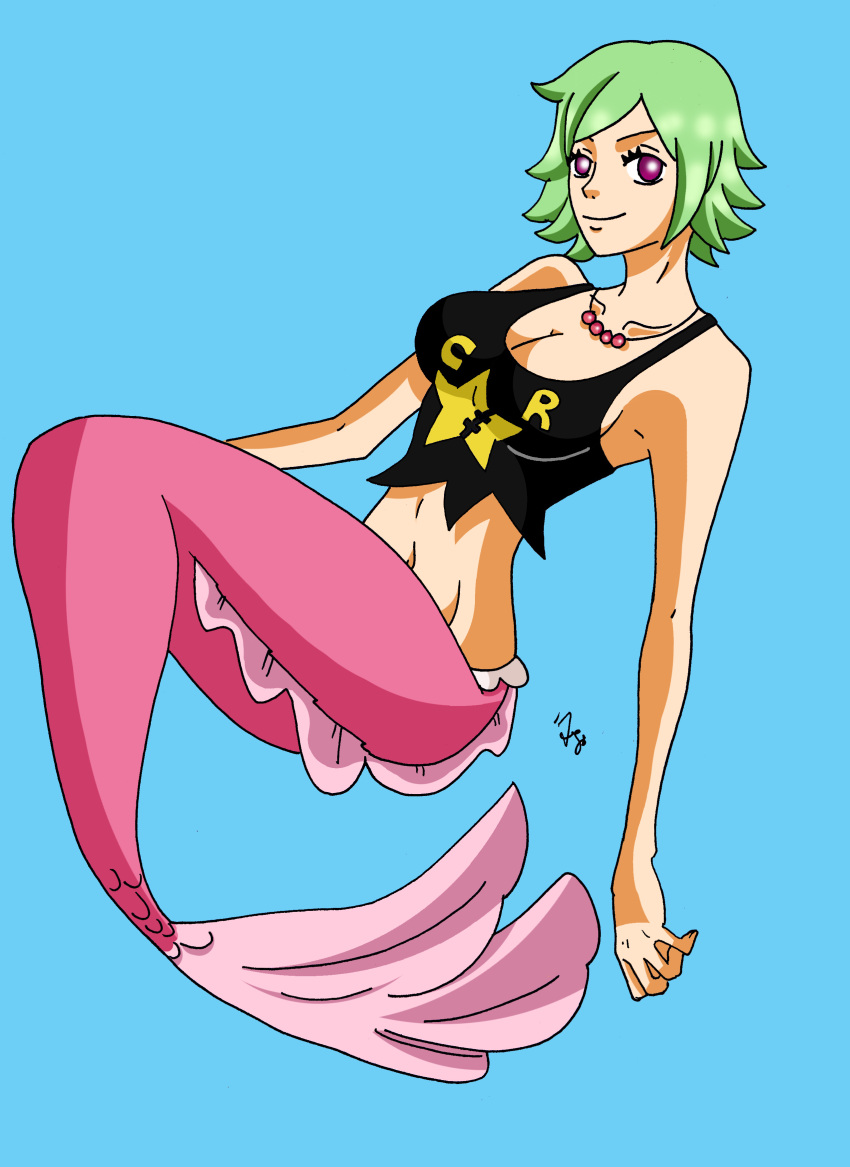1girl angelfish breasts camie character_name cleavage female fish fishman_island green_hair into_the_see jewelry kemie large_breasts looking_at_viewer mermaid mermaid_tail monster_girl necklace ocean one_piece pink pink_tail see shirt short_hair smile solo swimming tank_top underwater violet_eyes water