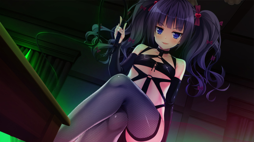 1girl bare_shoulders blue_eyes blush breasts elbow_gloves eyebrows eyebrows_visible_through_hair fishnet_legwear fishnets flat_chest game_cg gloves highres legs legs_crossed lingerie long_hair looking_at_viewer original parted_lips purple_hair sakura_no_mori_dreamers sitting smile solo table thighs tied_hair twintails underwear whip yamakaze_ran