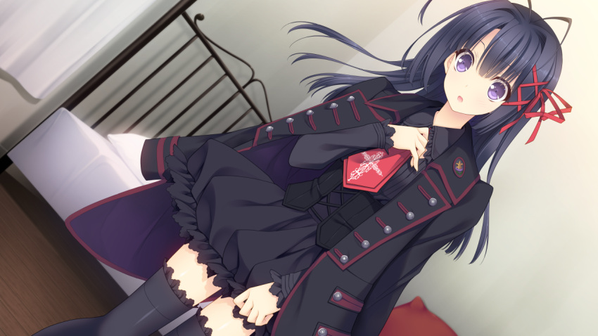 1girl :o antenna_hair bed black_dress black_hair blush dress dutch_angle eyebrows eyebrows_visible_through_hair game_cg hand_on_own_chest highres indoors jacket legs long_hair long_sleeves looking_at_viewer nishimata_aoi ookura_resona otome_riron_to_sonogo_no_shuuhen:_belle_&eacute;poque parted_lips pillow solo standing suzuhira_hiro thigh-highs thighs violet_eyes