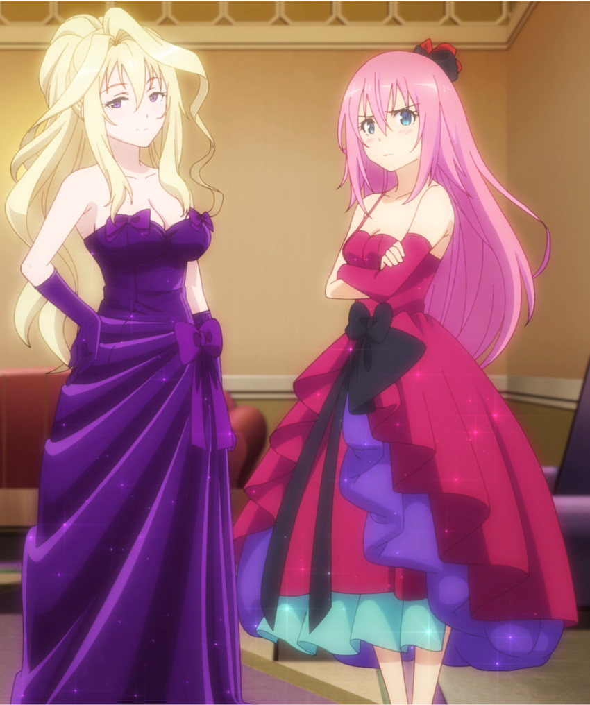2girls bare_shoulders blonde_hair blue_eyes blush bow breasts claudia_enfield cleavage dress gakusen_toshi_asterisk julis-alexia_von_riessfeld large_breasts long_hair looking_at_viewer multiple_girls pink_hair screencap smile standing stitched violet_eyes