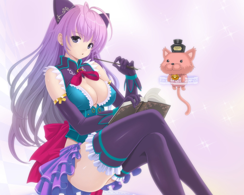1girl animal animal_ears bell book bow breasts cat cleavage elbow_gloves female gloves gray_eyes kanzeon long_hair original purple_hair skirt solo stars tail teddy_bear thigh-highs