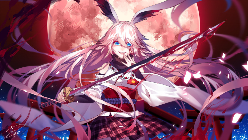 1girl animal_ears blood blue_eyes detached_sleeves female full_moon holding_weapon jewelry katana long_hair looking_at_viewer moon necklace obi open_mouth original pink_hair pleated_skirt rabbit_ears sash skirt smile solo sougishi_ego sword talisman traditional_clothes very_long_hair weapon