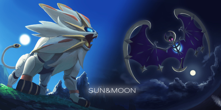 bat blue_eyes blue_sky clouds cloudy_sky copyright_name crescent day fangs flying full_moon glowing glowing_eyes grass highres legendary_pokemon lion lunaala mane moon mountain night night_sky no_humans ocean open_mouth outdoors paws pink_eyes pokemon pokemon_(creature) pokemon_(game) pokemon_sm sky solgaleo sun t@kuyoa tail text tongue water wings yellow_tongue