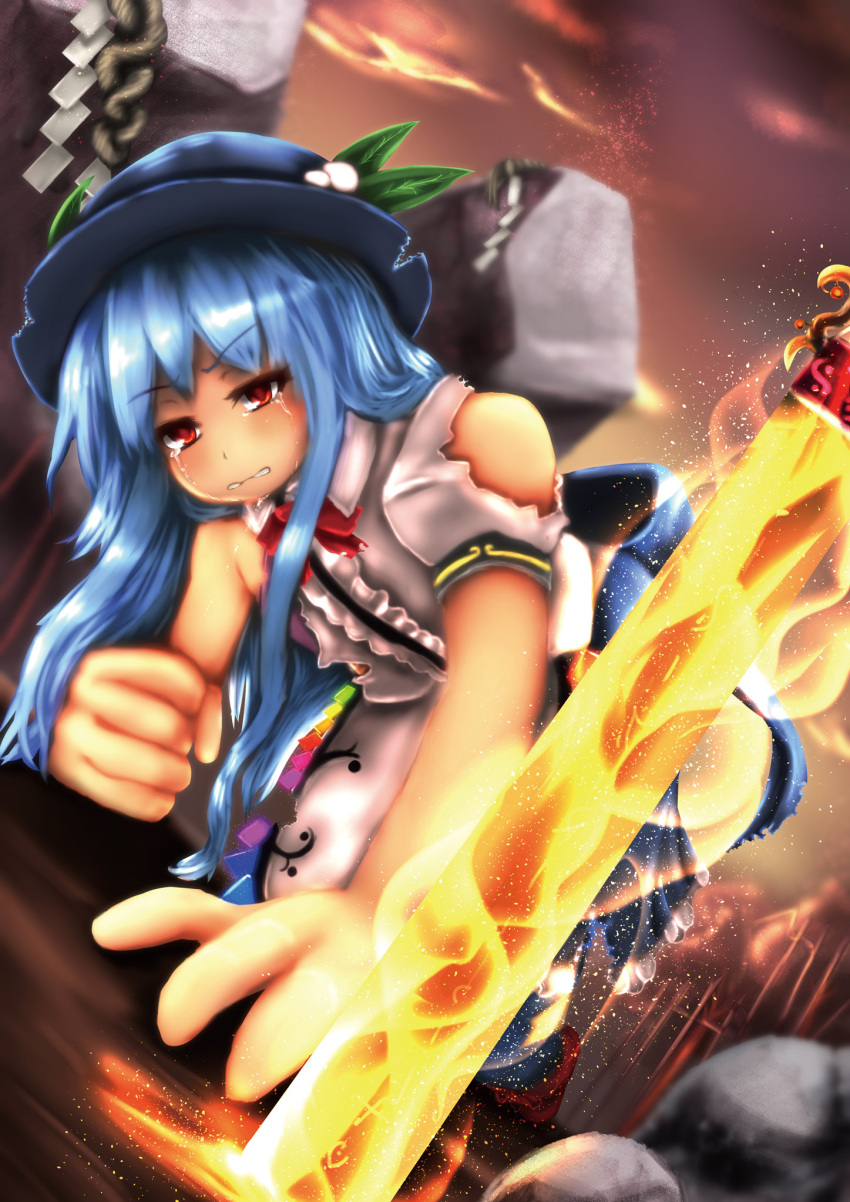 1girl bare_shoulders blue_hair blurry boroe bow bowler_hat bowtie center_frills clenched_hand clenched_teeth crying crying_with_eyes_open depth_of_field foreshortening frilled_shirt frills glowing hat highres hinanawi_tenshi parted_lips rainbow_order red_bow red_bowtie shirt solo sword_of_hisou tears teeth torn_clothes torn_shirt touhou zenasu