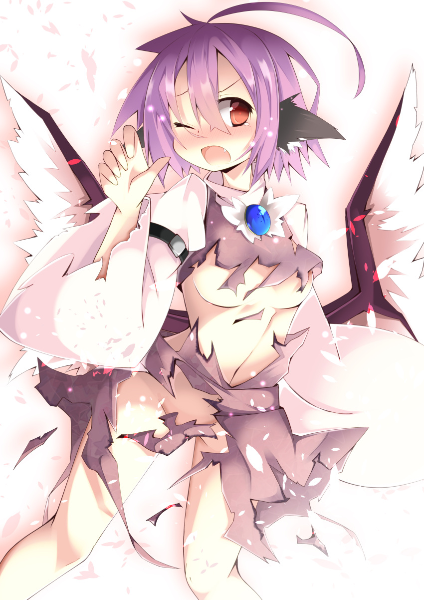 1girl absurdres ahoge animal_ears blush boroe breasts censored convenient_censoring fang highres long_sleeves mystia_lorelei navel no_bra no_hat no_headwear no_panties one_eye_closed open_mouth purple_hair red_eyes rurisakura short_hair solo tears torn_clothes touhou wide_sleeves wings