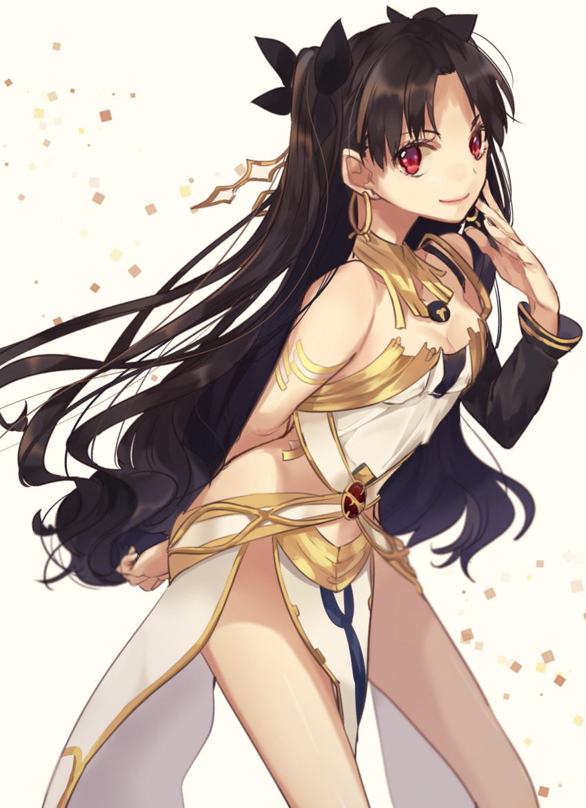1girl absurdres arm_behind_back bare_shoulders black_hair breasts cleavage earrings fate/grand_order fate_(series) highres hino_hinako ishtar_(fate/grand_order) jewelry long_hair looking_at_viewer red_eyes smile solo tohsaka_rin two_side_up