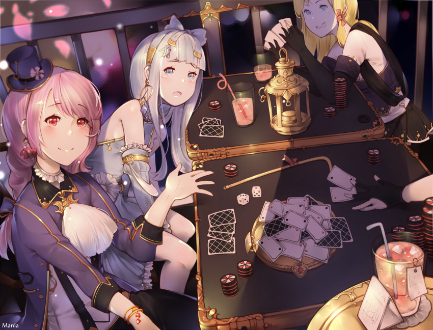 3girls artist_name bangle bangs black_gloves black_skirt blonde_hair blue_eyes blue_hair blush bracelet braid card closed_mouth clubs cup detached_sleeves diamond_(shape) dice drink drinking_glass drinking_straw earrings eyebrows eyebrows_visible_through_hair frilled_sleeves frills gloves hairband hat head_tilt heart highres hoop_earrings jewelry kuuki_shoujo lantern leaning_forward long_hair magi_in_wanchin_basilica mania_(fd6060_60) mini_hat mini_top_hat multiple_girls open_mouth partly_fingerless_gloves petals pink_hair playing_card pleated_skirt poker_chip railing red_eyes sergestid_shrimp_in_tungkang shadow shrimp_earrings sitting skirt smile spades_(playing_card) swept_bangs the_personfication_of_atmosphere top_hat tray xiao_ma xuan_ying