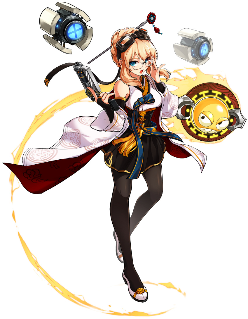 1girl absurdres adjusting_glasses aqua_eyes bare_shoulders belt black_skirt blonde_hair blue_ribbon bridal_gauntlets cape clenched_teeth detached_sleeves dress elsword eyebrows fire flame full_body glasses goggles goggles_on_head gun hair_intakes hair_net hair_ornament handgun high_heels highres holding holding_gun holding_weapon jewelry looking_at_viewer metal_heart_(elsword) official_art open_mouth pantyhose pet pistol ress ribbon ring robot rose_(elsword) shoes skirt standing teeth transparent_background weapon wide_sleeves