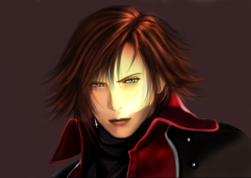 1boy blue_eyes crisis_core_final_fantasy_vii earring final_fantasy final_fantasy_vii genesis_rhapsodos jacket looking_at_viewer male_focus red_jacket redhead simple_background solo upper_body