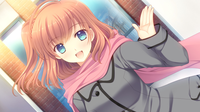 1girl blue_eyes bluette_nicolette_planquette blush coat dutch_angle eyebrows eyebrows_visible_through_hair floating_hair game_cg happy highres long_sleeves looking_at_viewer nishimata_aoi open_mouth orange_hair otome_riron_to_sonogo_no_shuuhen:_belle_&eacute;poque outdoors scarf short_hair side_ponytail smile solo standing suzuhira_hiro waving wind