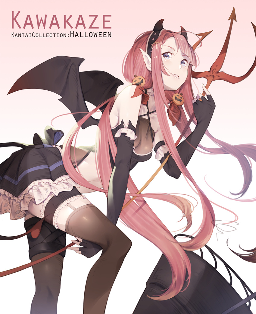 1girl bare_shoulders black_legwear black_skirt blue_eyes breasts character_name copyright_name criss-cross_halter demon_girl demon_horns demon_tail demon_wings elbow_gloves english fake_horns fingerless_gloves frills garter_straps gloves gradient gradient_background hair_ornament halloween halloween_costume halter_top halterneck highres holding horns kamikaze_(kantai_collection) kantai_collection kawakaze_(kantai_collection) leaning_forward long_hair mania_(fd6060_60) medium_breasts outstretched_arm parted_lips pink_hair pitchfork pleated_skirt pointy_ears sidelocks skirt solo standing tail thigh-highs tongue tongue_out very_long_hair wings