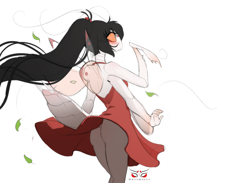 1girl ass black_hair blade_under_mask blush dress insect_girl long_hair nae_(blade_under_mask) ponytail shocked short_dress whitemantis wind