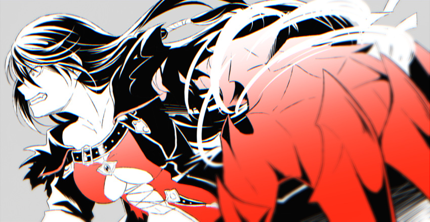 1girl bandage belt braid breasts clenched_teeth coat grey_background large_breasts long_hair monochrome navel open_mouth tales_of_(series) tales_of_berseria teeth torn_clothes under_boob velvet_crowe
