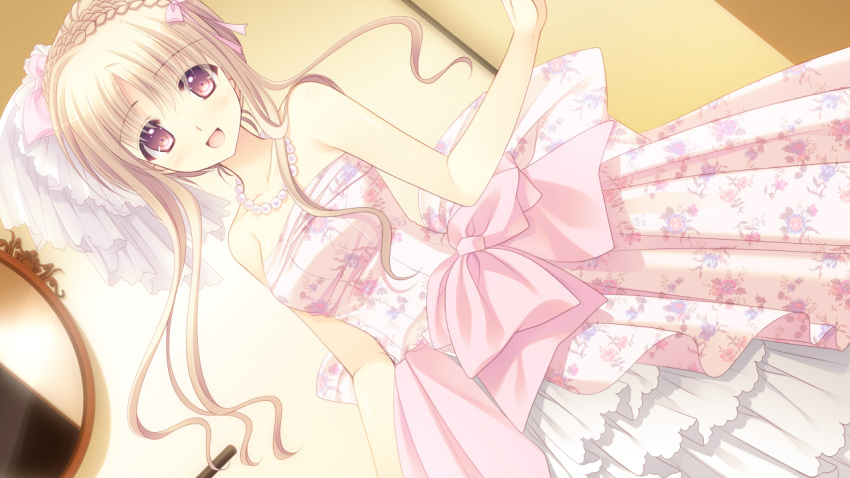 1girl bare_arms bare_shoulders blonde_hair blush braid breasts dress dutch_angle eyebrows eyebrows_visible_through_hair game_cg hair_bun hair_ornament happy highres indoors jewelry long_hair looking_at_viewer meryl_lynch mirror necklace nishimata_aoi open_mouth otome_riron_to_sonogo_no_shuuhen:_belle_&eacute;poque red_eyes smile solo standing strapless suzuhira_hiro