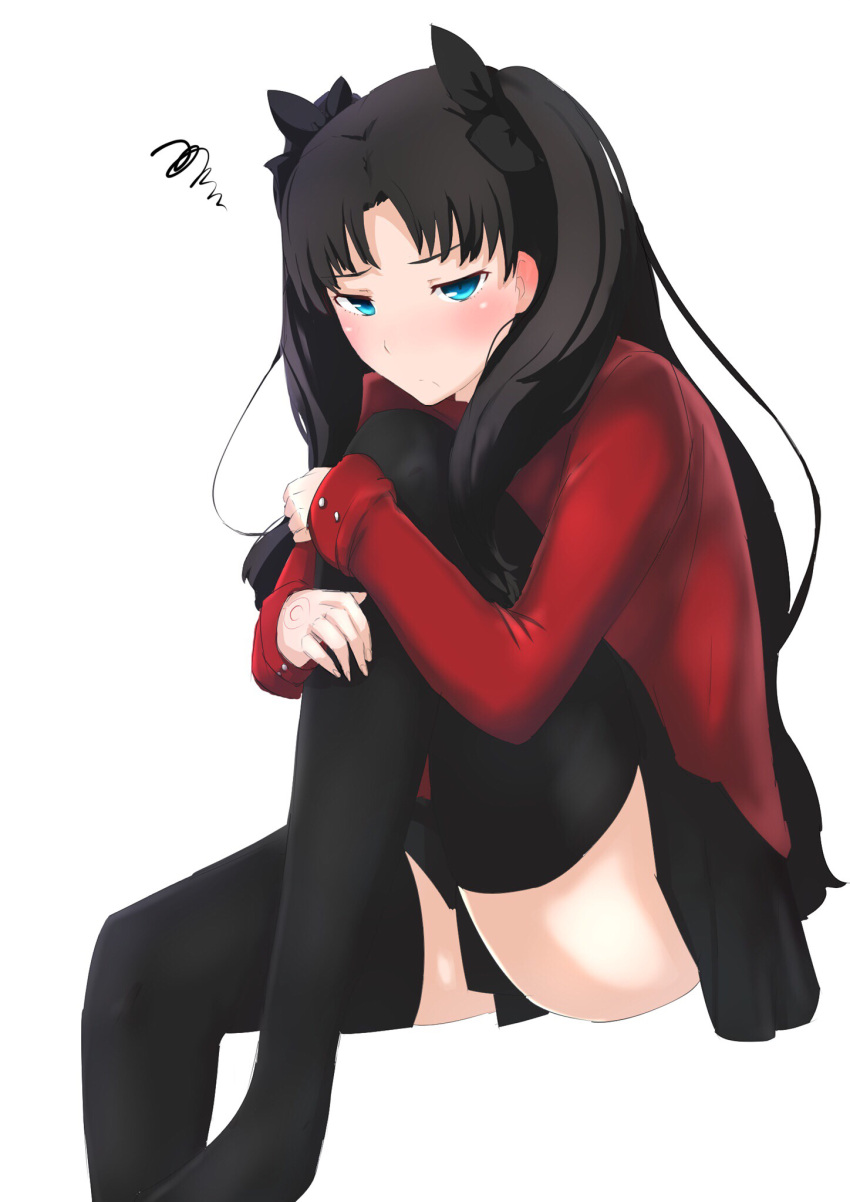 1girl artist_request black_hair black_legwear black_skirt blue_eyes blush command_spell commentary_request ear_blush embarrassed fate/stay_night fate_(series) hair_ornament hair_ribbon highres leg_lift long_hair looking_at_viewer miniskirt one_leg_raised pleated_skirt ribbon sitting skirt solo sweater thigh-highs tohsaka_rin two_side_up white_background zettai_ryouiki