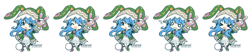 >_< 1girl 1other animal_ears animal_hood blue_eyes blue_hair boots closed_eyes coat commentary_request date_a_live dress eyepatch fake_animal_ears grandia_koori green_boots green_coat hand_puppet highres himekawa_yoshino himekawa_yoshino_(spirit) hood long_hair long_sleeves looking_at_viewer open_mouth pom_pom_(clothes) puppet rabbit_ears smile white_dress wide_image wide_sleeves yoshinon
