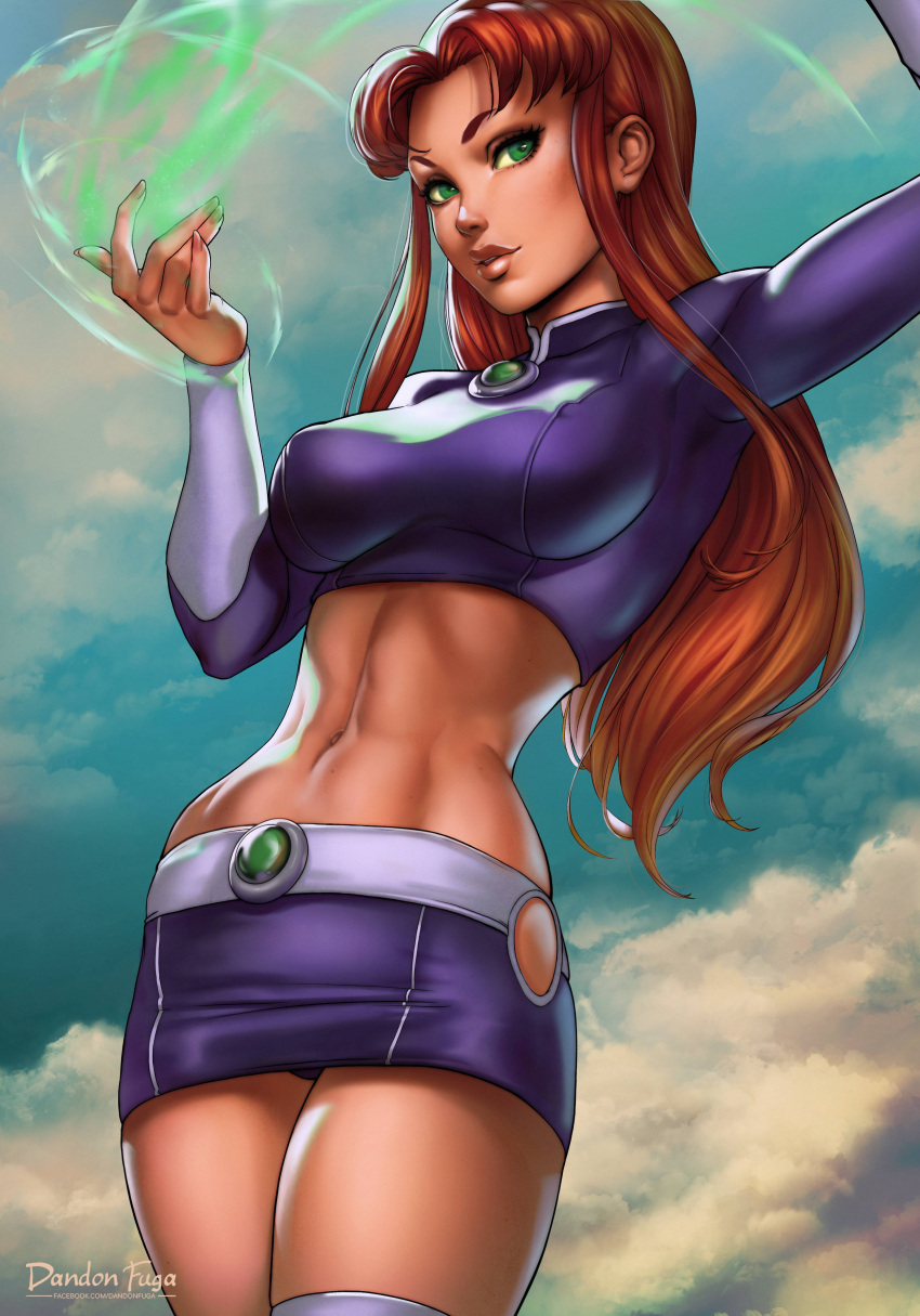 1girl absurdres artist_name breasts clouds dandon_fuga dc_comics detached_collar green_eyes green_nails hips large_breasts legs long_hair long_sleeves looking_at_viewer magic midriff miniskirt nail_polish navel orange_hair panties parted_lips purple_skirt simple_background skirt sky smile solo standing starfire teen_titans thigh-highs thighs underwear uniform web_address