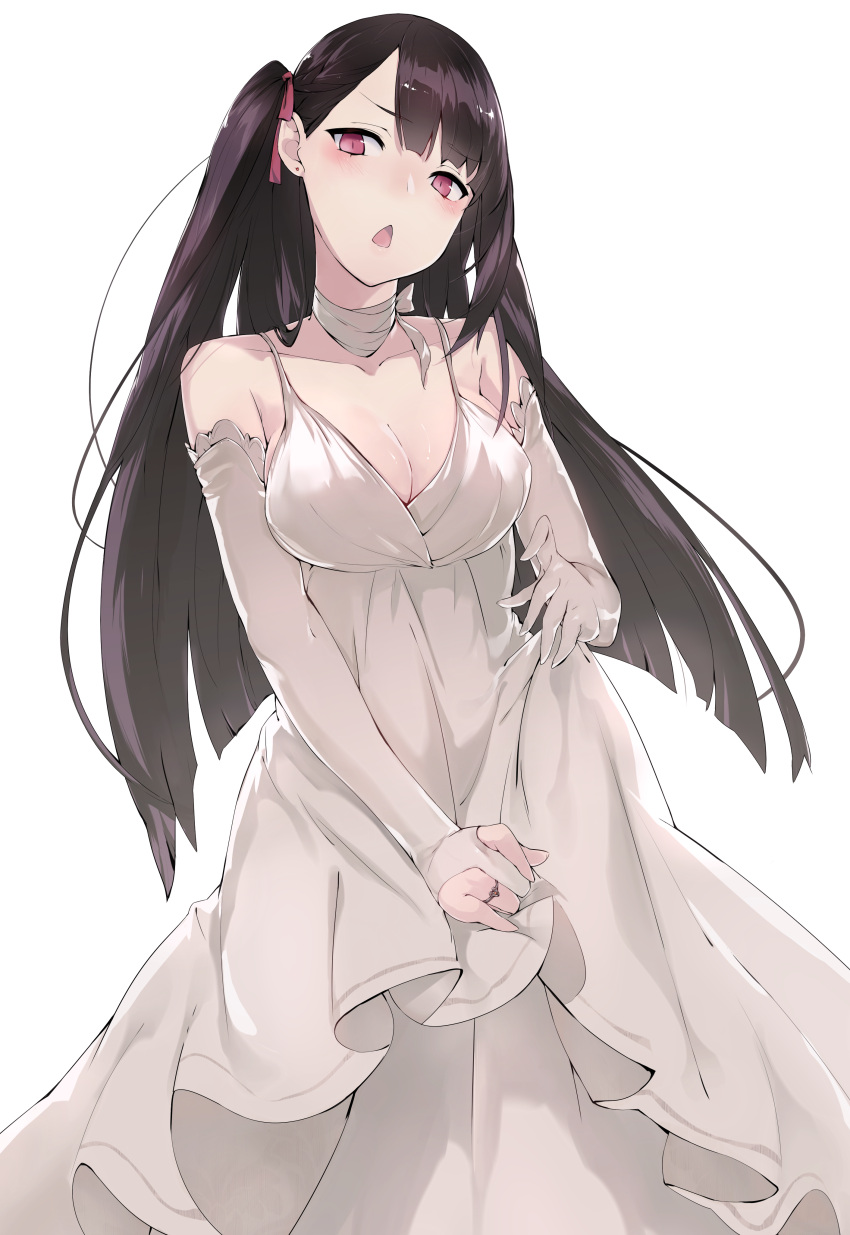 1girl absurdres alternate_costume blush breasts bridal_gauntlets cleavage dress elbow_gloves girls_frontline gloves highres inxst jewelry long_hair looking_at_viewer medium_breasts neck_ribbon purple_hair red_eyes ribbon ring side_ponytail solo wa2000_(girls_frontline) white_background white_gloves