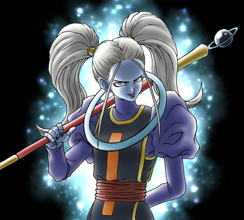 1girl absurdres blue_skin dragon_ball dragon_ball_super highres smile solo staff twintails