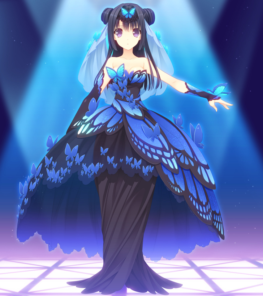 1girl antenna_hair bare_shoulders black_hair black_skirt blush breasts cleavage double_bun dress eyebrows eyebrows_visible_through_hair fingerless_gloves full_body game_cg hair_ornament highres large_breasts light long_hair long_skirt looking_at_viewer nishimata_aoi ookura_resona otome_riron_to_sonogo_no_shuuhen:_belle_&eacute;poque serious simple_background skirt solo standing strapless suzuhira_hiro veil violet_eyes