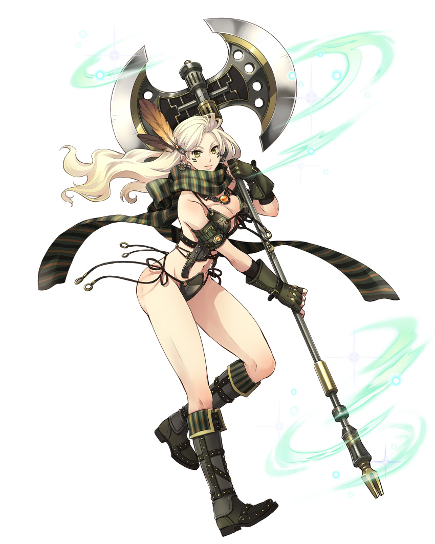 1girl axe blonde_hair boots breasts cleavage earrings facial_mark feathers fingerless_gloves floating_hair full_body ginny gloves hair_feathers highres holding_axe jewelry large_breasts long_hair navel official_art royal_flush_heroes scarf solo transparent_background weapon yellow_eyes