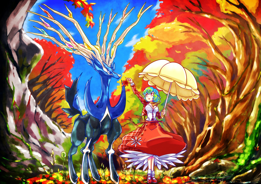 1girl absurdres alternate_costume antlers ascot autumn_leaves blue_eyes blue_sky flower forest green_hair highres holding holding_leaf kazami_yuuka leaf looking_at_another maple_leaf mary_janes moss nature parasol plaid plaid_skirt pokemon pokemon_(creature) pokemon_(game) pokemon_xy red_eyes red_shoes shoes short_hair skirt sky socks tagechan touhou tree umbrella white_legwear xerneas yellow_ascot