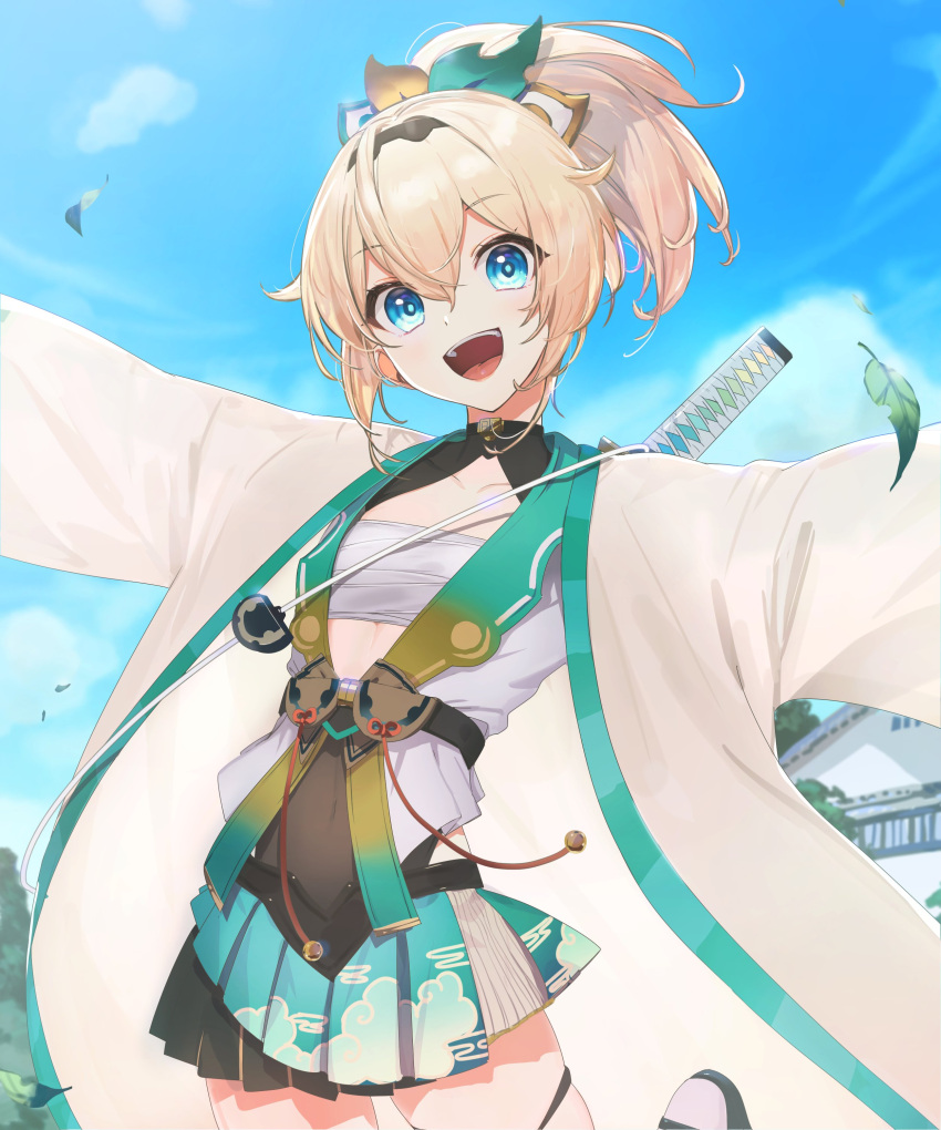 1girl :d absurdres bell black_choker black_leotard black_skirt blonde_hair blue_eyes blue_skirt blue_sky blush breasts choker clouds cloudy_sky commentary covered_navel cowboy_shot day egasumi eyebrows_visible_through_hair hair_between_eyes hair_ornament hair_ribbon hairband haori highres hololive japanese_clothes katana kazama_iroha kimono kuukai_(adexi) layered_skirt leaf leaves_in_wind leotard leotard_under_clothes looking_at_viewer miniskirt open_mouth outdoors outstretched_arms pleated_skirt ponytail ribbon sarashi short_hair skindentation skirt sky small_breasts smile solo sword thigh_strap thighs virtual_youtuber weapon weapon_on_back