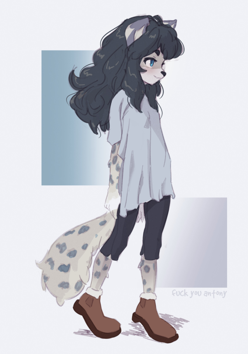 1girl animal_ears black_hair blue_eyes blue_shirt brown_footwear butterchalk closed_mouth commentary english_text flat_chest furry furry_female grey_background highres long_hair melle_(butterchalk) multicolored_background original shirt shoes short_sleeves smile solo standing tail